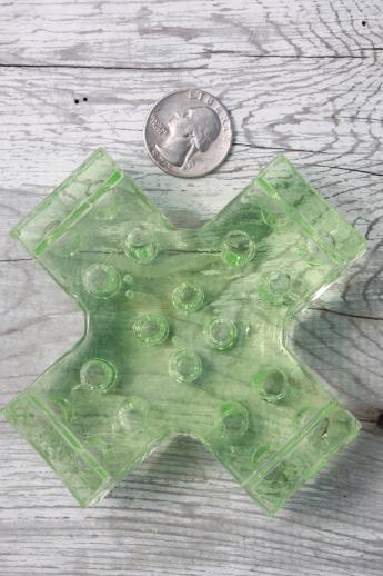 photo of vintage green depression glass flower frog, rare X cross shape flower holder #4