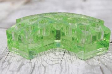 catalog photo of vintage green depression glass flower frog, rare X cross shape flower holder