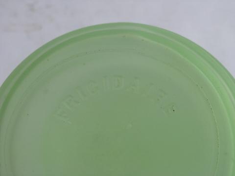 photo of vintage green depression glass, old kitchen glassware fridge bottle, Frigidaire refrigerator #2