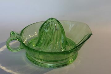 catalog photo of vintage green depression glass orange or grapefruit juicer, large glass reamer