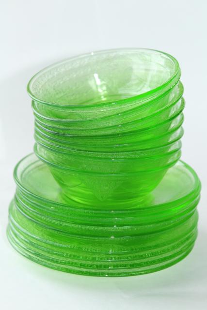 photo of vintage green depression glass plates & bowls, Federal Georgian Lovebirds pattern dishes #2