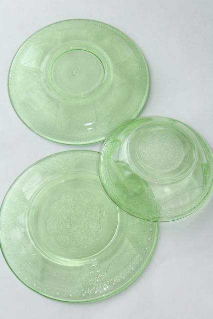 photo of vintage green depression glass plates & bowls, Federal Georgian Lovebirds pattern dishes #5