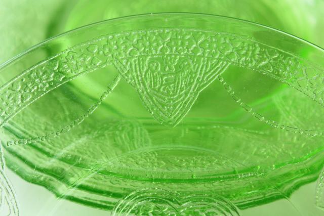 photo of vintage green depression glass plates & bowls, Federal Georgian Lovebirds pattern dishes #7