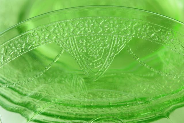 photo of vintage green depression glass plates & bowls, Federal Georgian Lovebirds pattern dishes #8