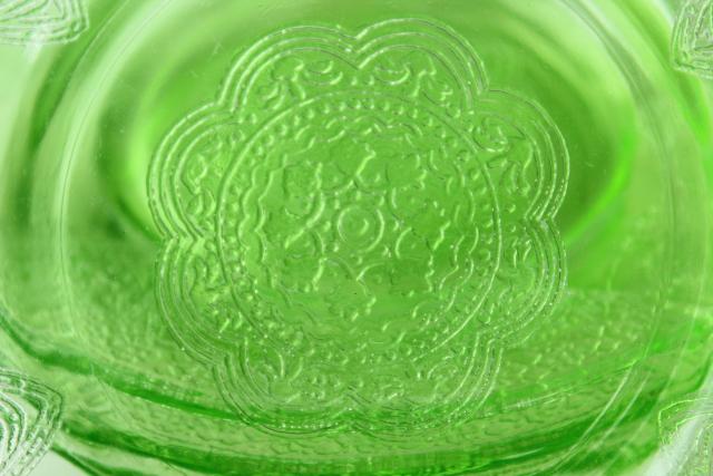 photo of vintage green depression glass plates & bowls, Federal Georgian Lovebirds pattern dishes #9