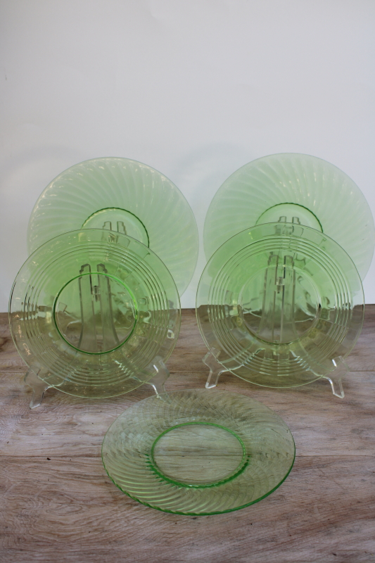 photo of vintage green depression glass salad & dinner plates, glowing uranium glass #1