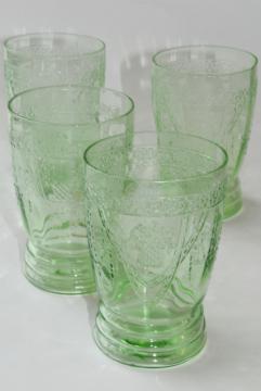 catalog photo of vintage green depression glass tumblers, Federal Georgian Lovebirds pattern glasses