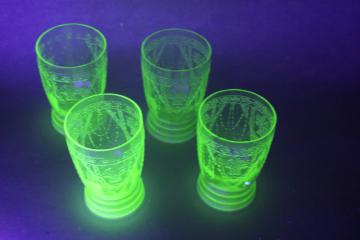 catalog photo of vintage green depression glass tumblers, Federal Georgian drinking glasses lovebirds