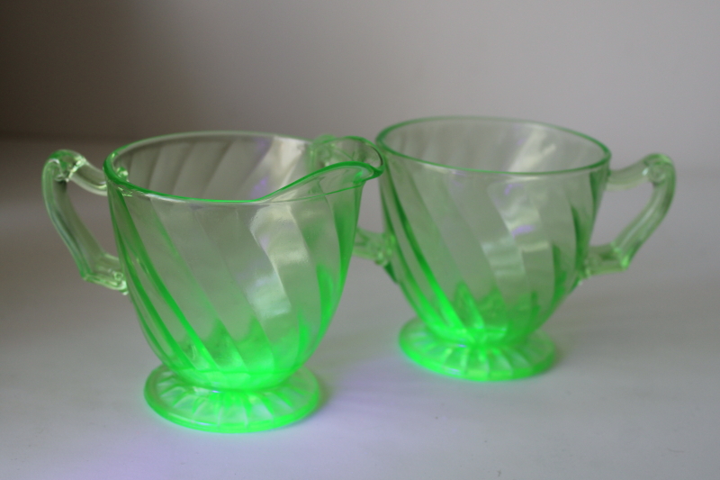 photo of vintage green depression uranium glass cream & sugar set, Anchor Hocking spiral pattern  #1