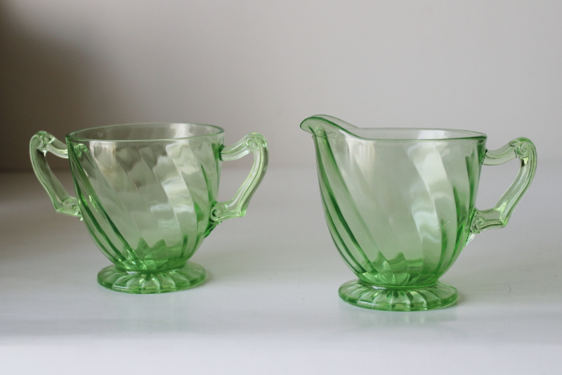 photo of vintage green depression uranium glass cream & sugar set, Anchor Hocking spiral pattern #2