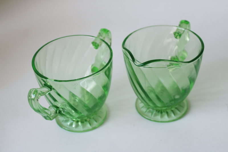 photo of vintage green depression uranium glass cream & sugar set, Anchor Hocking spiral pattern #3