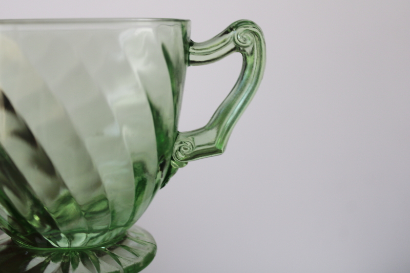 photo of vintage green depression uranium glass cream & sugar set, Anchor Hocking spiral pattern #4
