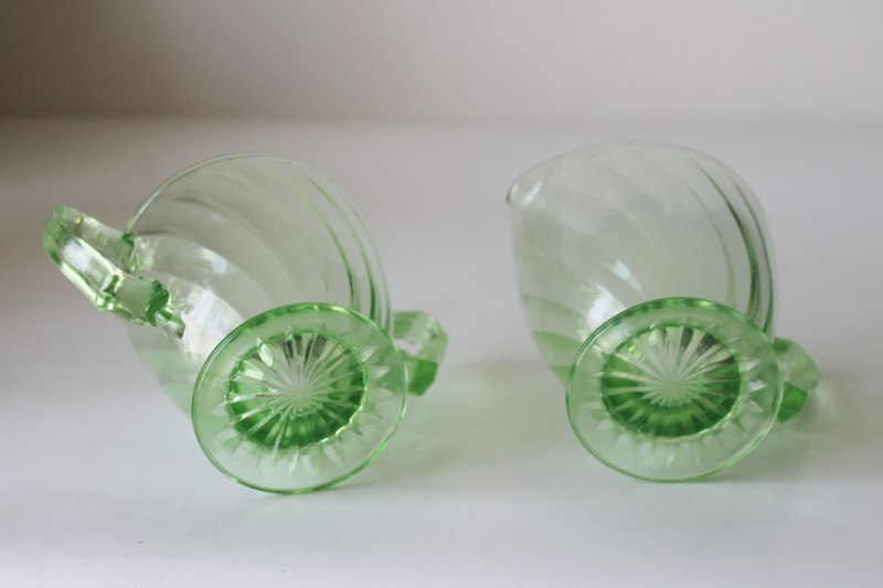 photo of vintage green depression uranium glass cream & sugar set, Anchor Hocking spiral pattern #5