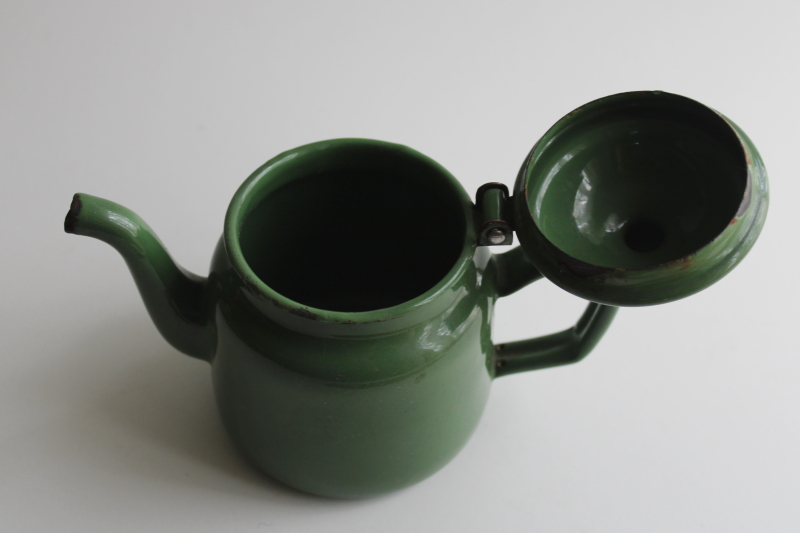 photo of vintage green enamelware cottage kitchen tea pot, tiny one cup teapot  #2