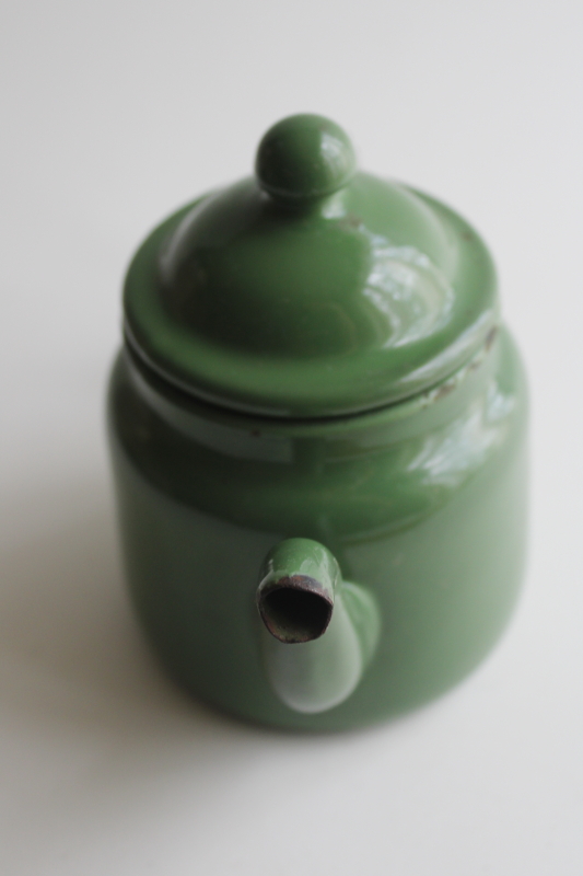 photo of vintage green enamelware cottage kitchen tea pot, tiny one cup teapot  #4