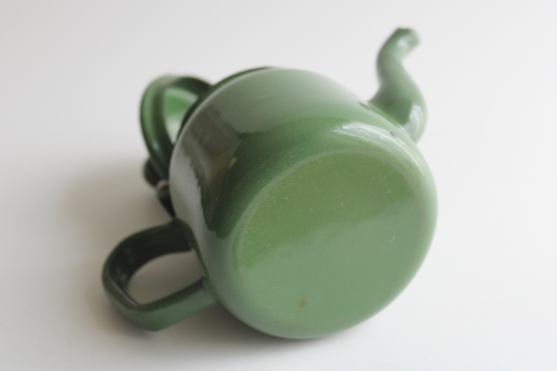 photo of vintage green enamelware cottage kitchen tea pot, tiny one cup teapot  #6