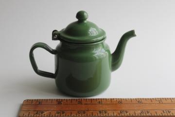 catalog photo of vintage green enamelware cottage kitchen tea pot, tiny one cup teapot 