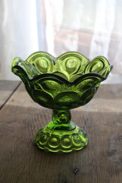 photo of vintage green glass Moon & Stars pattern candy dish or small compote bowl #1