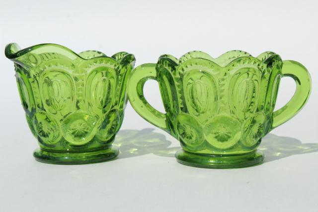 photo of vintage green glass Moon & Stars pattern cream pitcher and sugar bowl set #1