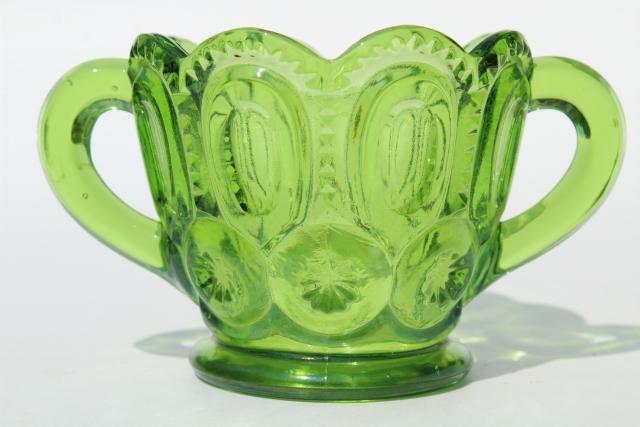 photo of vintage green glass Moon & Stars pattern cream pitcher and sugar bowl set #2