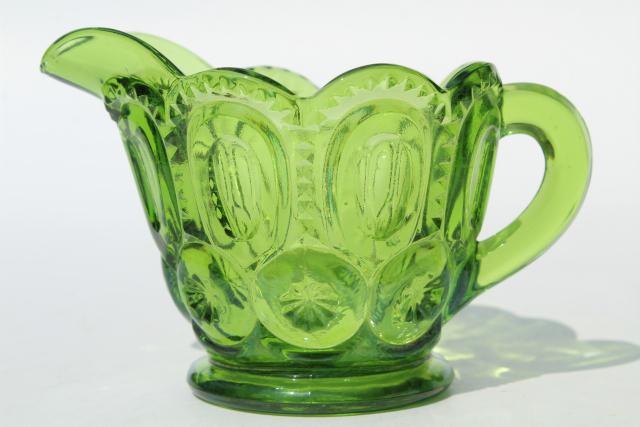 photo of vintage green glass Moon & Stars pattern cream pitcher and sugar bowl set #3