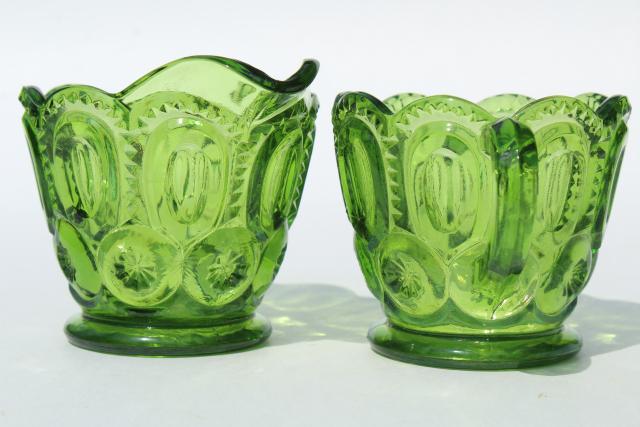 photo of vintage green glass Moon & Stars pattern cream pitcher and sugar bowl set #5