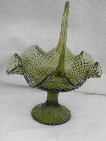 photo of vintage green glass brides basket flower centerpiece bowl, tall pedestal dish #1