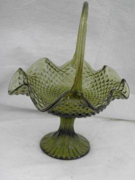 catalog photo of vintage green glass brides basket flower centerpiece bowl, tall pedestal dish