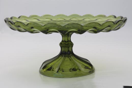 photo of vintage green glass cake stand, Fairfield Anchor Hocking pedestal dessert plate #1