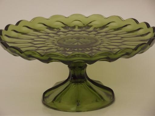 photo of vintage green glass cake stand, pattern glass dessert pedestal plate #1