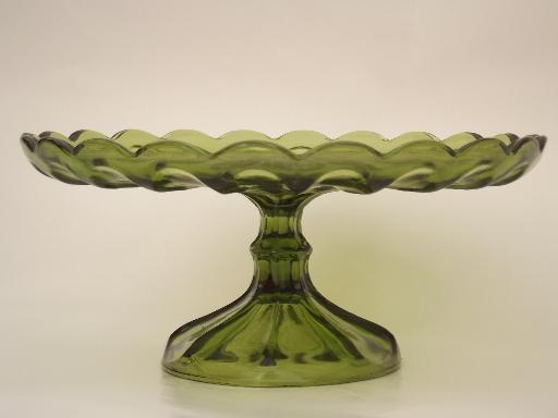 photo of vintage green glass cake stand, pattern glass dessert pedestal plate #2