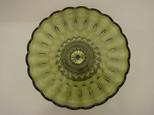 photo of vintage green glass cake stand, pattern glass dessert pedestal plate #3