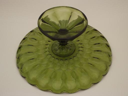 photo of vintage green glass cake stand, pattern glass dessert pedestal plate #4