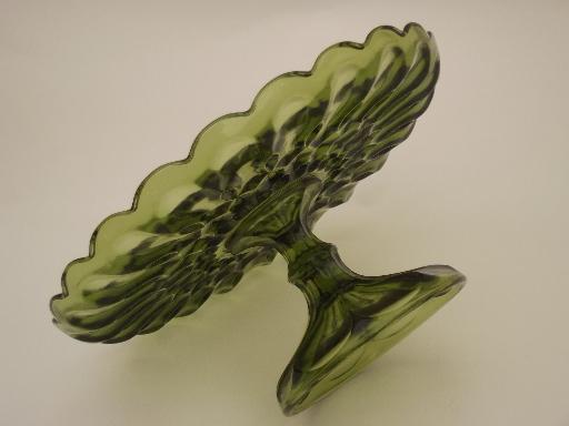 photo of vintage green glass cake stand, pattern glass dessert pedestal plate #5