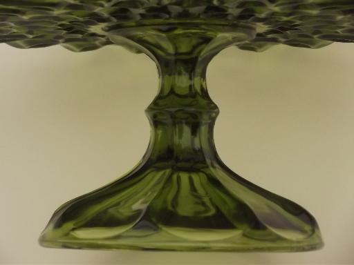 photo of vintage green glass cake stand, pattern glass dessert pedestal plate #6