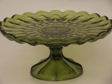 catalog photo of vintage green glass cake stand, pattern glass dessert pedestal plate