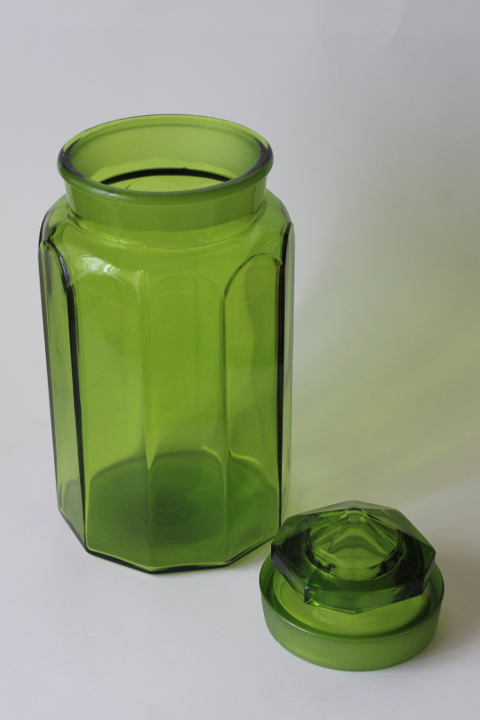 photo of vintage green glass canister jar, L E Smith paneled pattern large cookie jar w/ lid #1