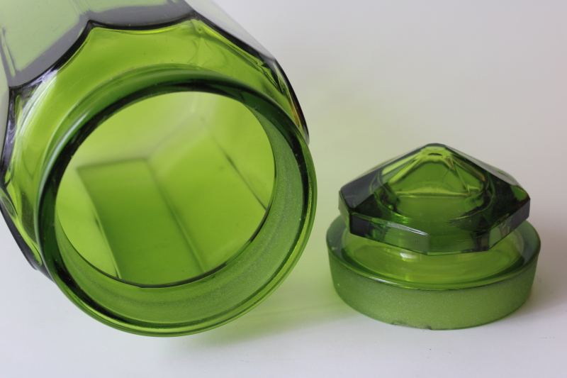 photo of vintage green glass canister jar, L E Smith paneled pattern large cookie jar w/ lid #4