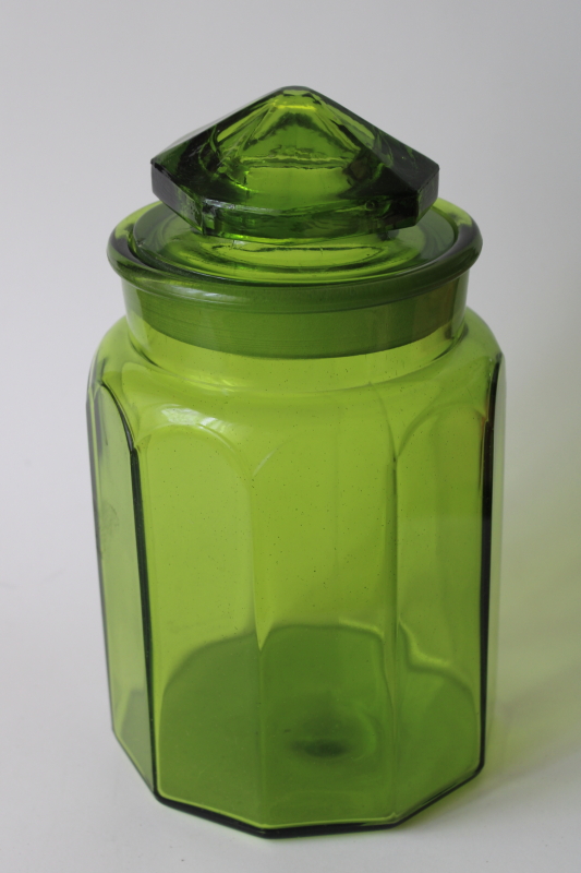 photo of vintage green glass canister jar, L E Smith paneled pattern nice replacement jar chipped lid #1