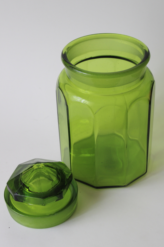 photo of vintage green glass canister jar, L E Smith paneled pattern nice replacement jar chipped lid #2