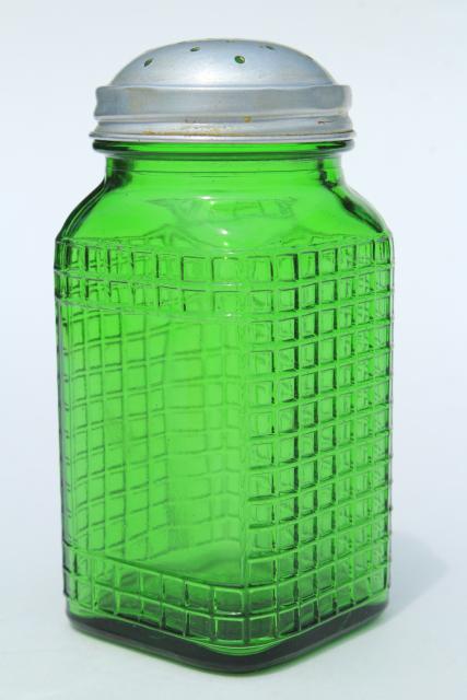 photo of vintage green glass canister jar, square waffle glass hoosier spice set bottle w/ metal lid #1