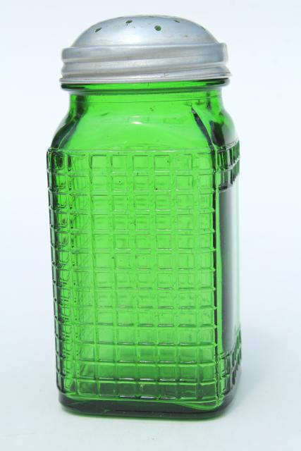 photo of vintage green glass canister jar, square waffle glass hoosier spice set bottle w/ metal lid #3