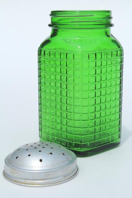 photo of vintage green glass canister jar, square waffle glass hoosier spice set bottle w/ metal lid #4