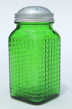 catalog photo of vintage green glass canister jar, square waffle glass hoosier spice set bottle w/ metal lid