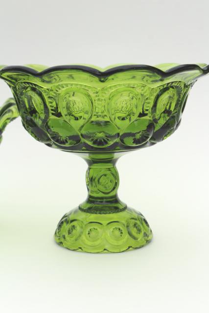 vintage green glass compotes, moon & stars pattern pedestal bowls ...