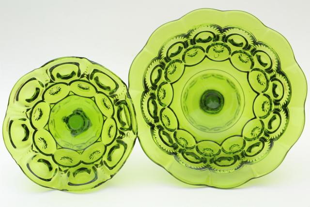 vintage green glass compotes, moon & stars pattern pedestal bowls ...