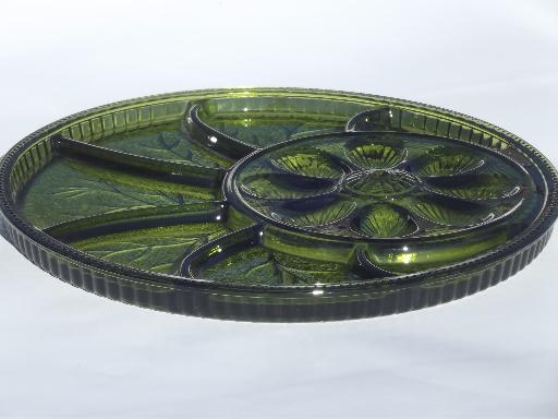 photo of vintage green glass deviled egg plate relish tray, Indiana glass egg plate #1