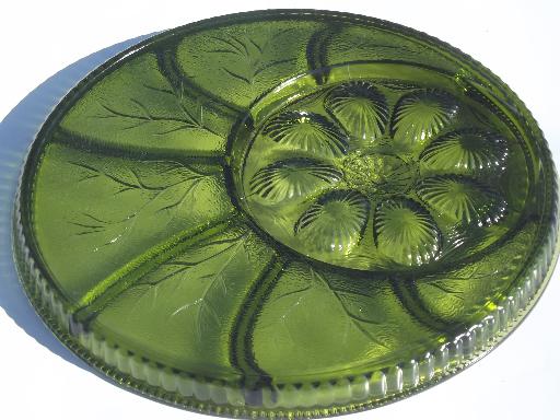 photo of vintage green glass deviled egg plate relish tray, Indiana glass egg plate #5