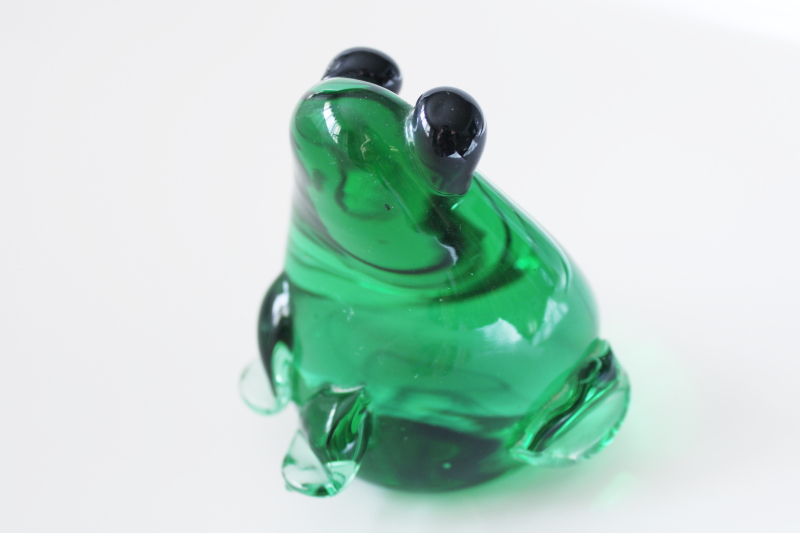 photo of vintage green glass frog figurine or paperweight, big eyed frog hand blown glass #3