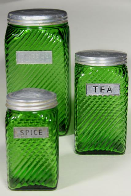 photo of vintage green glass hoosier pantry jars, Owens Illinois kitchen canisters #1